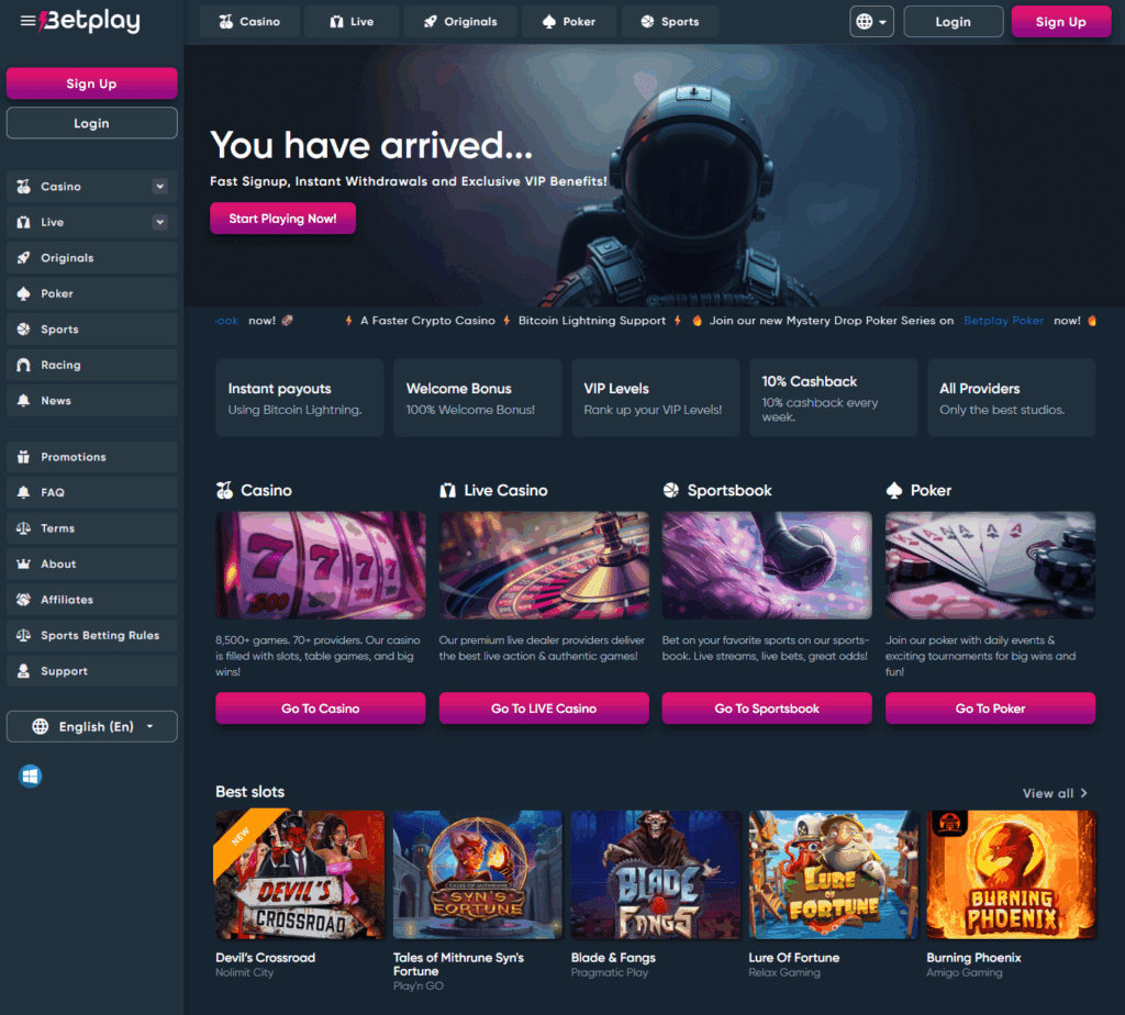 Homepage view of Betplay.io showing the main banner, navigation bar, and featured welcome bonus.