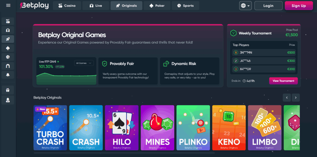 Casino games lobby on Betplay.io featuring slots like Sweet Bonanza, Gates of Olympus, and other crypto titles.