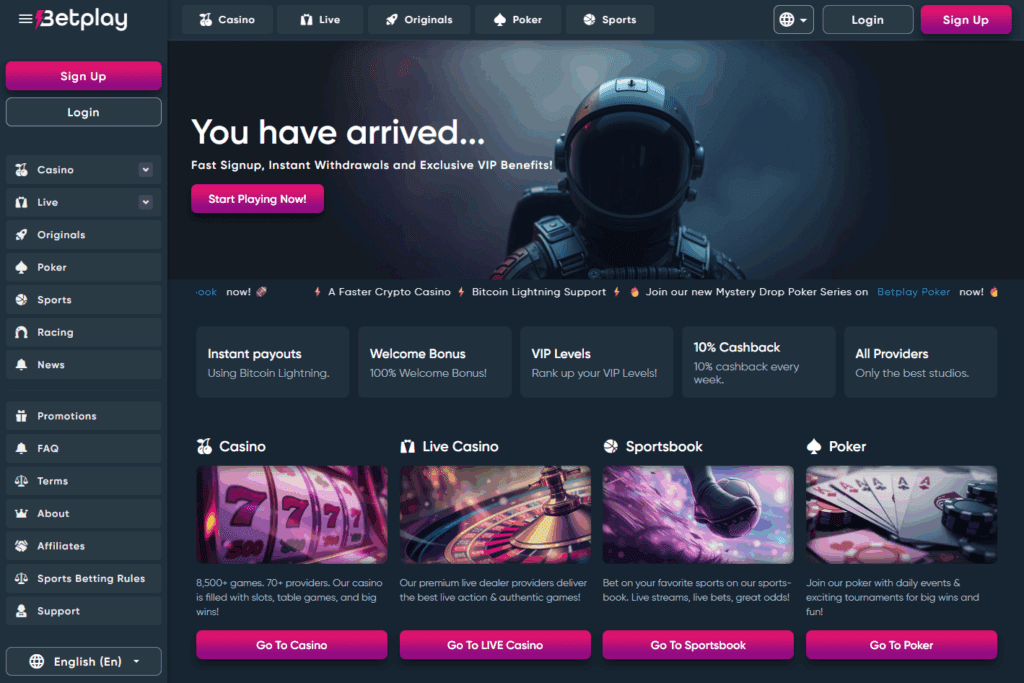 Betplay.io homepage – crypto betting and casino platform