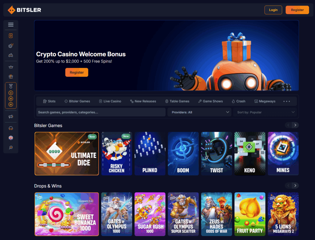 Bitsler casino lobby – slots and provably fair games