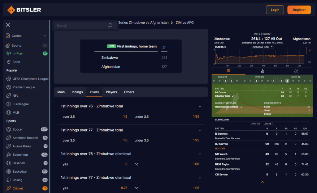 Bitsler live betting – in-play odds and match tracker