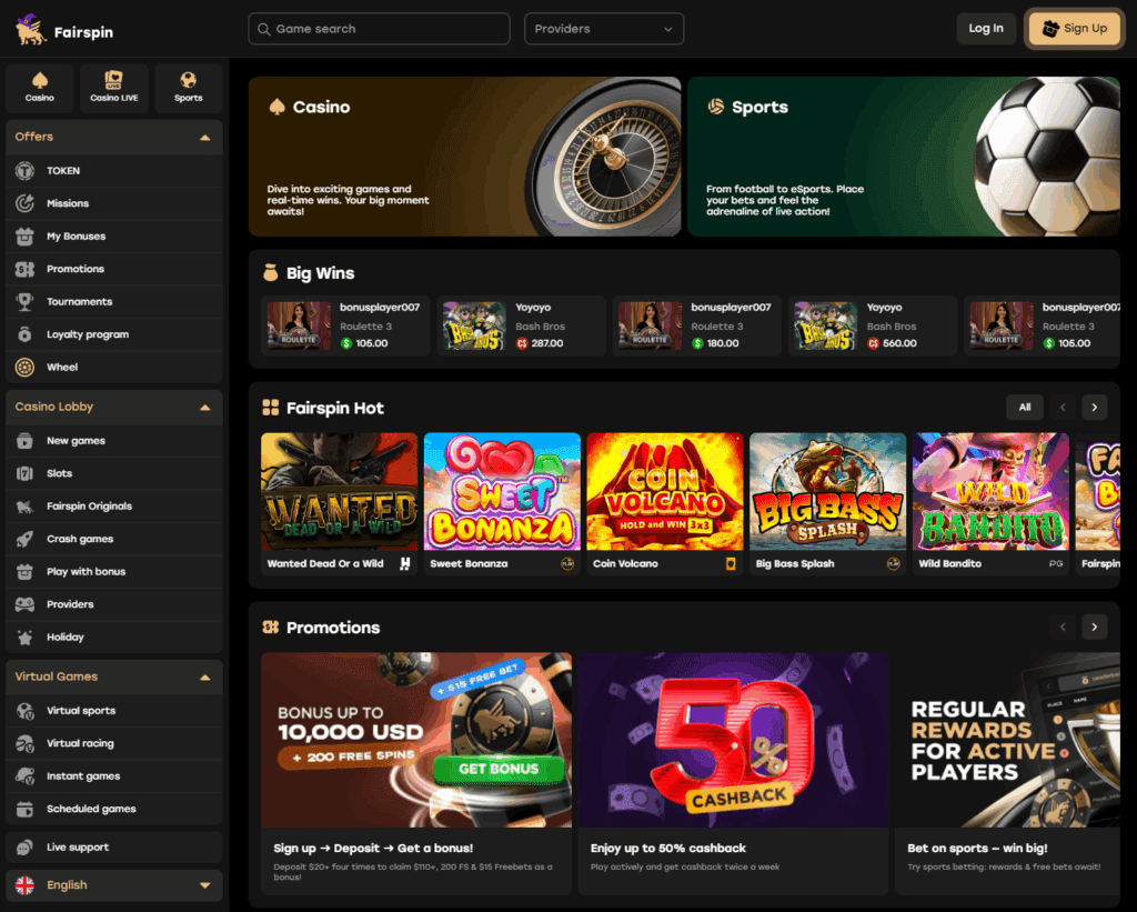 Fairspin.io homepage – blockchain casino and sportsbook