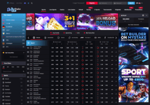 MyStake sportsbook page featuring live football and tennis markets.
