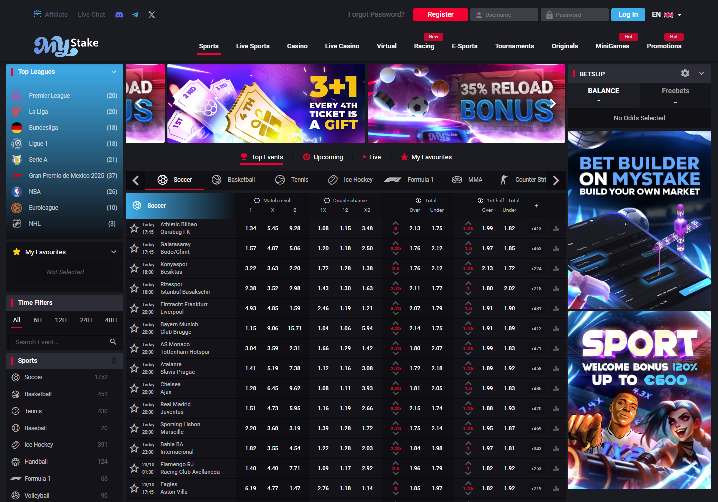 MyStake sportsbook page featuring live football and tennis markets.