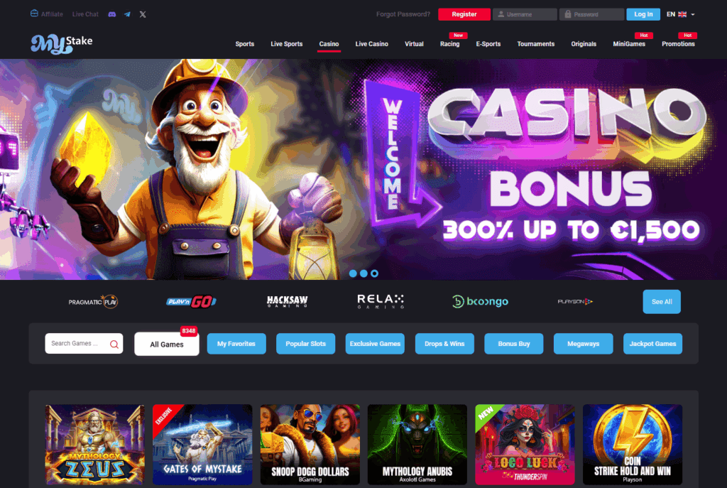MyStake casino lobby displaying slots and live dealer tables.