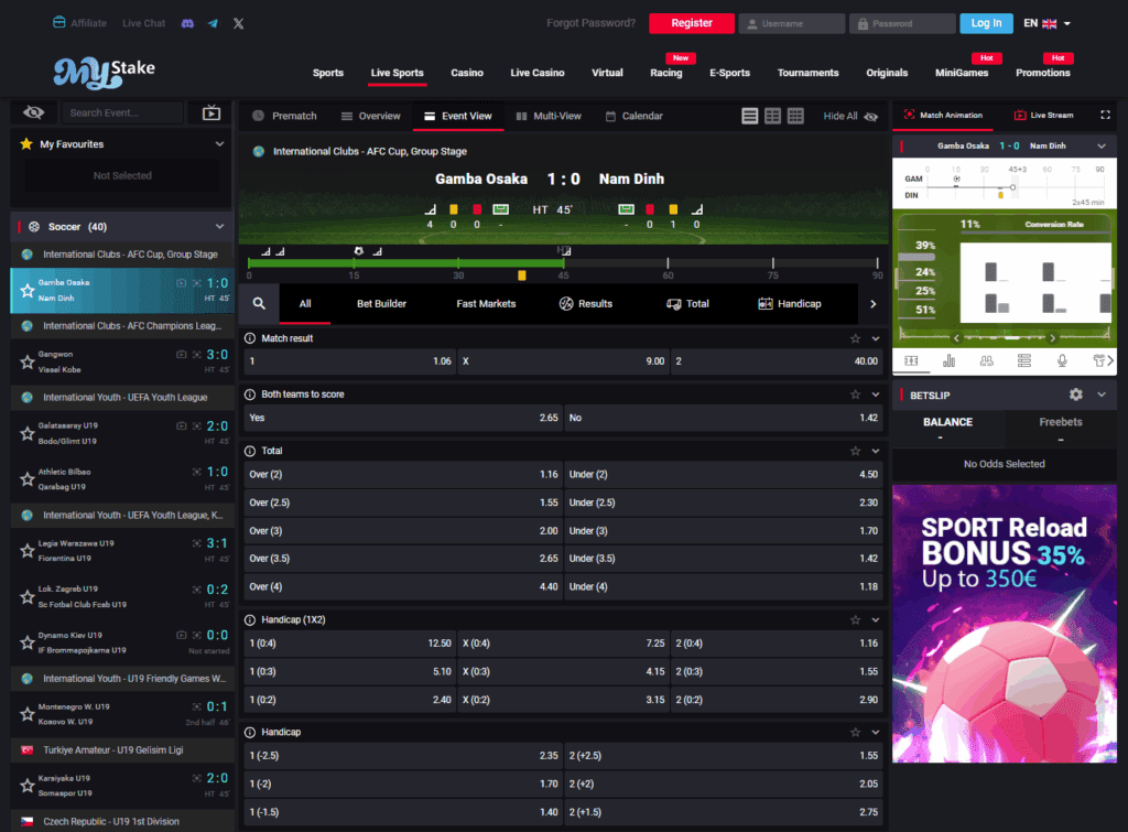 MyStake live betting interface with in-play football markets.