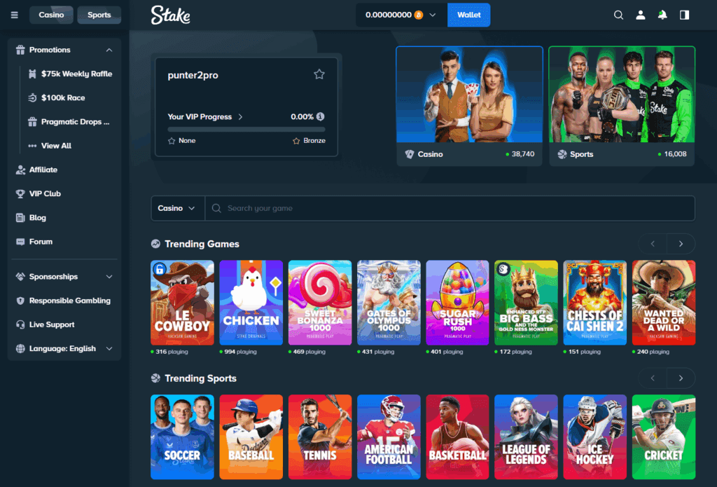 Stake.com homepage – crypto sportsbook and casino interface