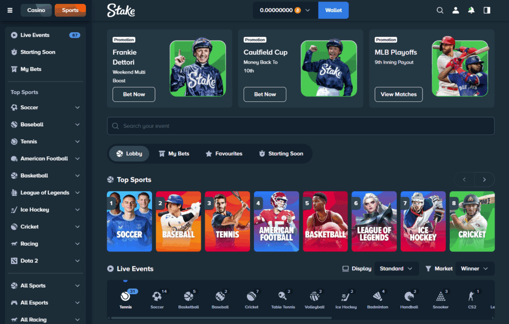 Stake.com sportsbook – live odds and betting markets