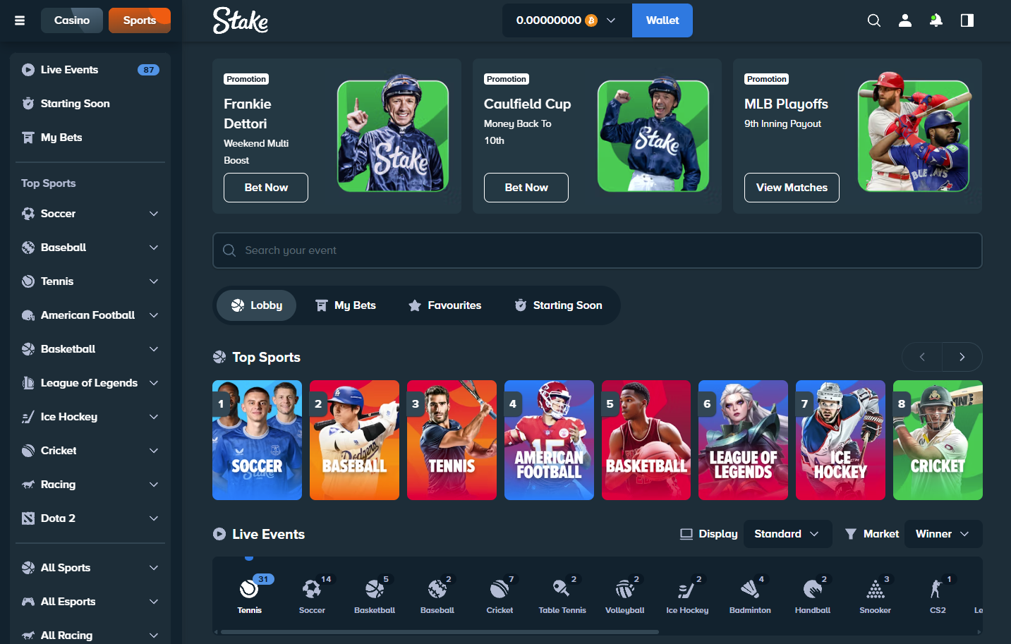Stake.com sportsbook – live odds and betting markets