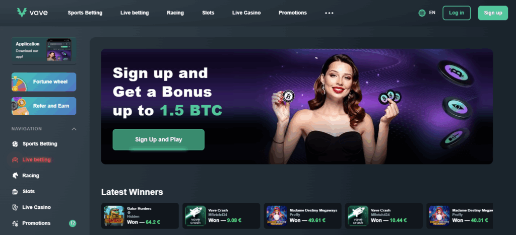 Vave homepage – crypto sportsbook and casino platform