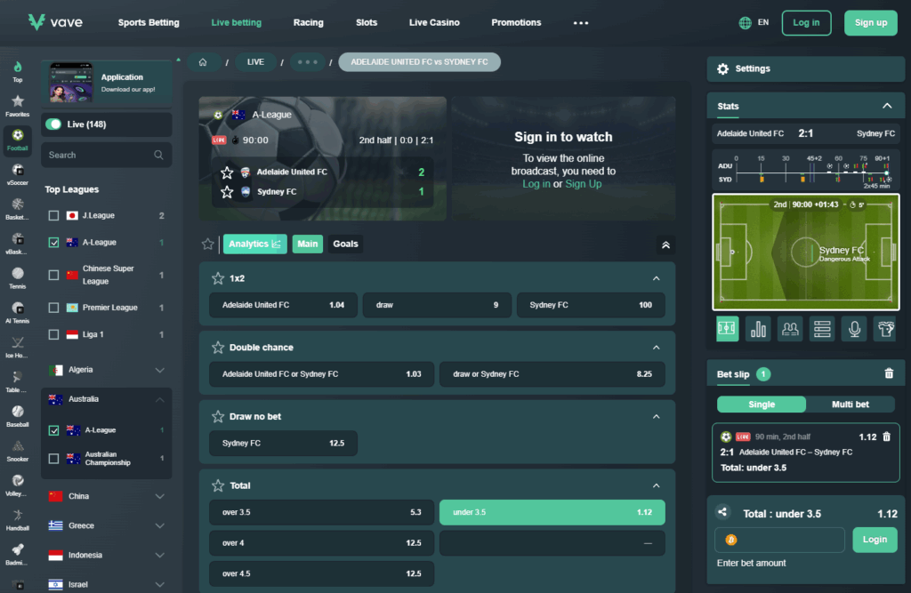 Vave live betting interface – in-play markets with real-time odds