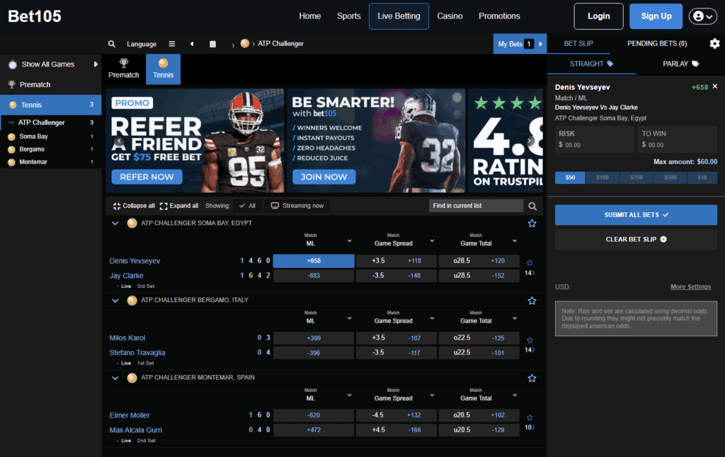 Bet105 live betting screen – dynamic in-play odds