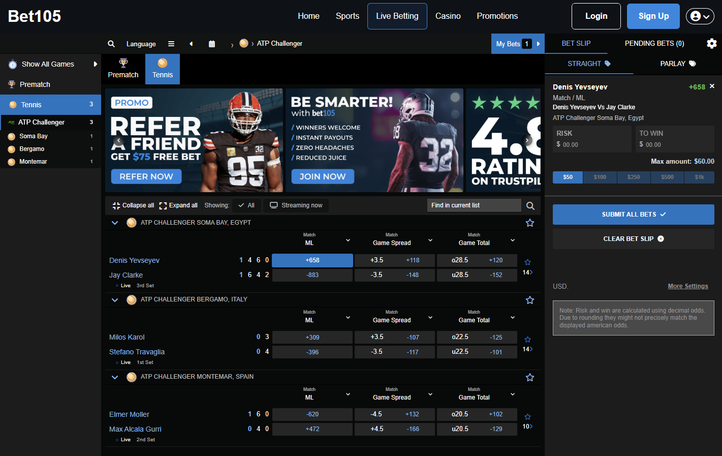 Bet105 live betting screen – dynamic in-play odds