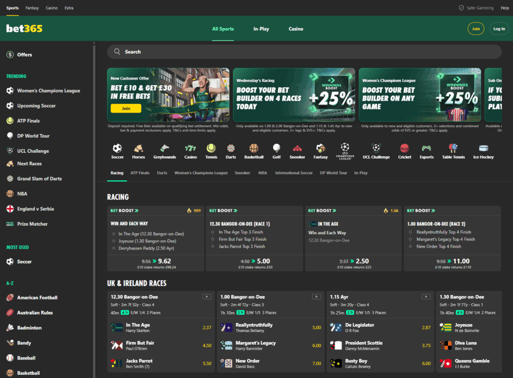 Bet365 homepage showing sports navigation, live events, and featured betting markets.