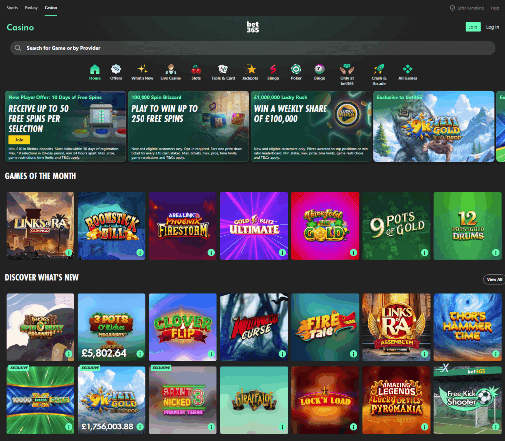 Bet365 casino lobby with popular slot and table game categories displayed.