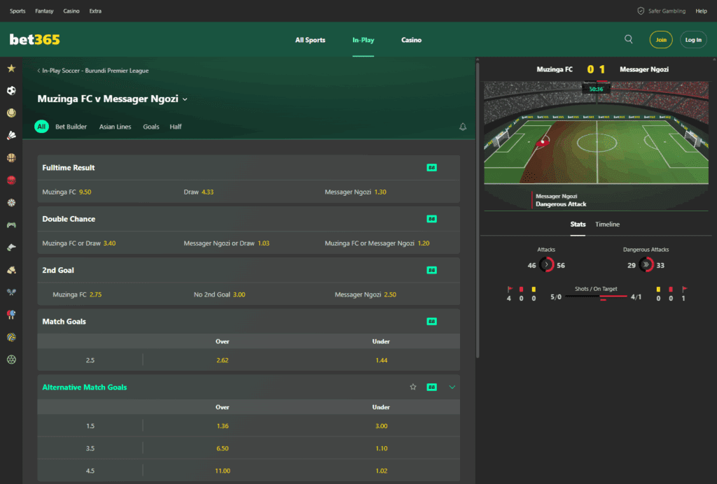 Bet365 live in-play betting screen showing football match odds and real-time stats.