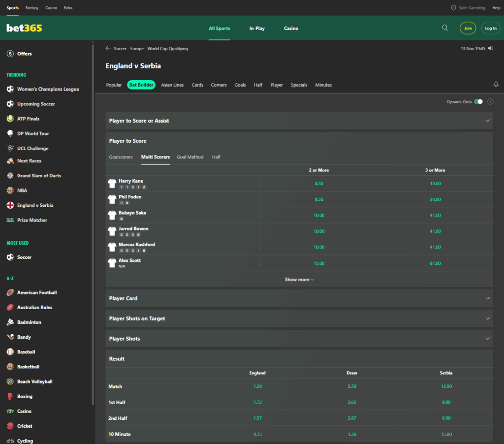 Bet365 Bet Builder feature used to combine multiple football selections into one customised bet.