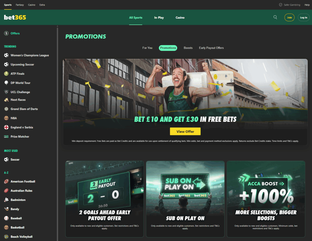 Bet365 promotions page highlighting the Bet £10 Get £30 in Free Bets welcome offer and ongoing sports bonuses.