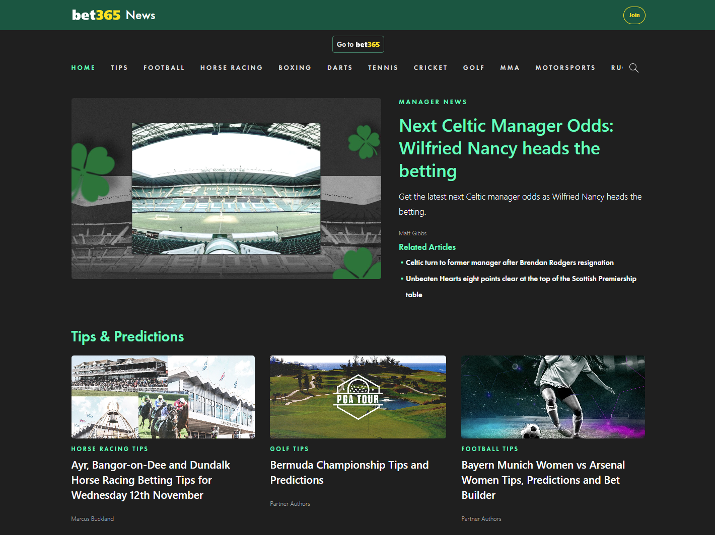 Bet365 news and insights section featuring the latest sports articles and event previews.