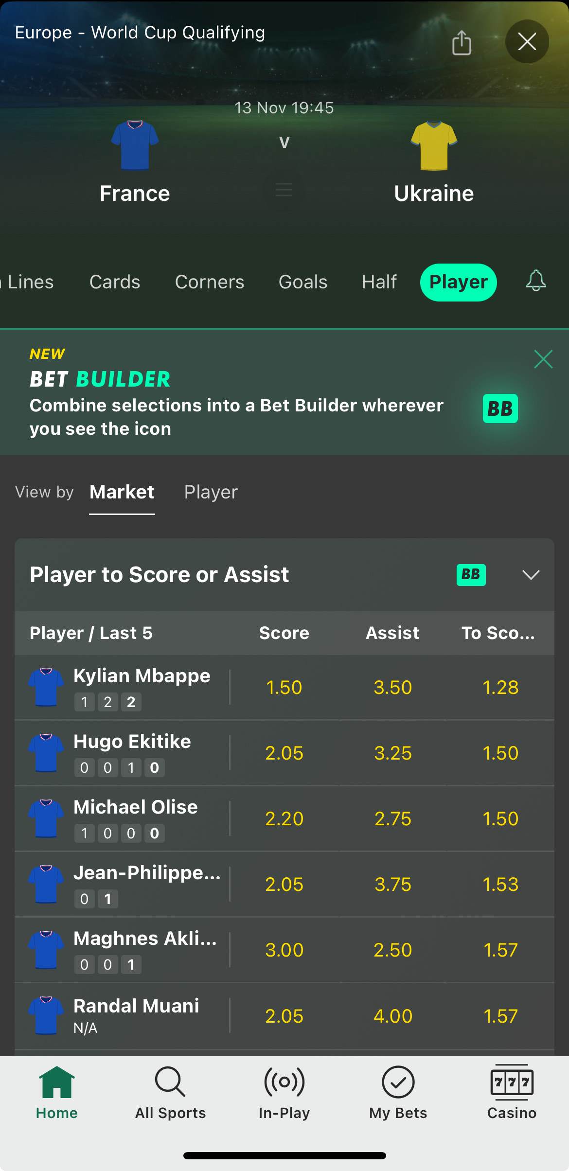 Bet365 mobile app betting market view showing live football odds and user-friendly navigation.