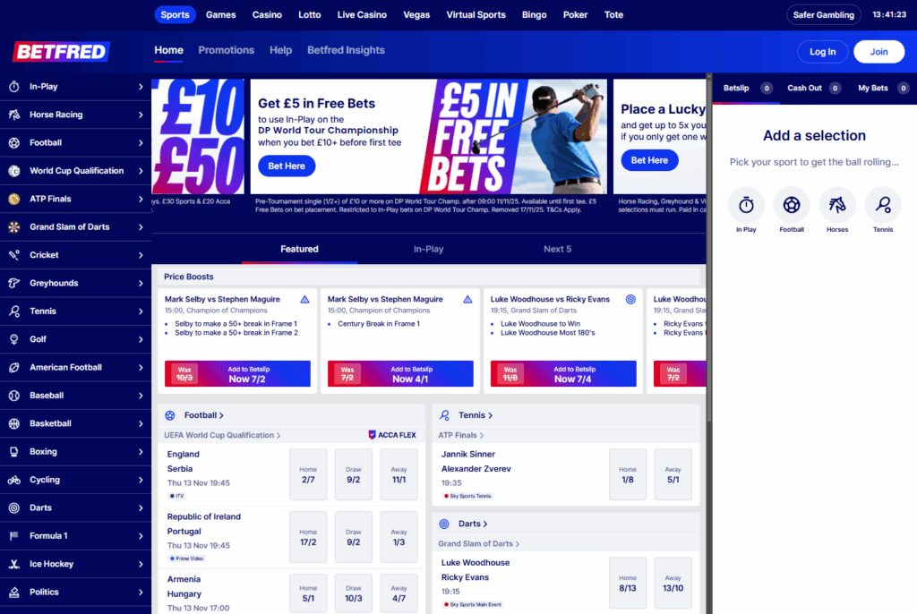 Betfred homepage showing sports navigation, live events, and featured betting markets.