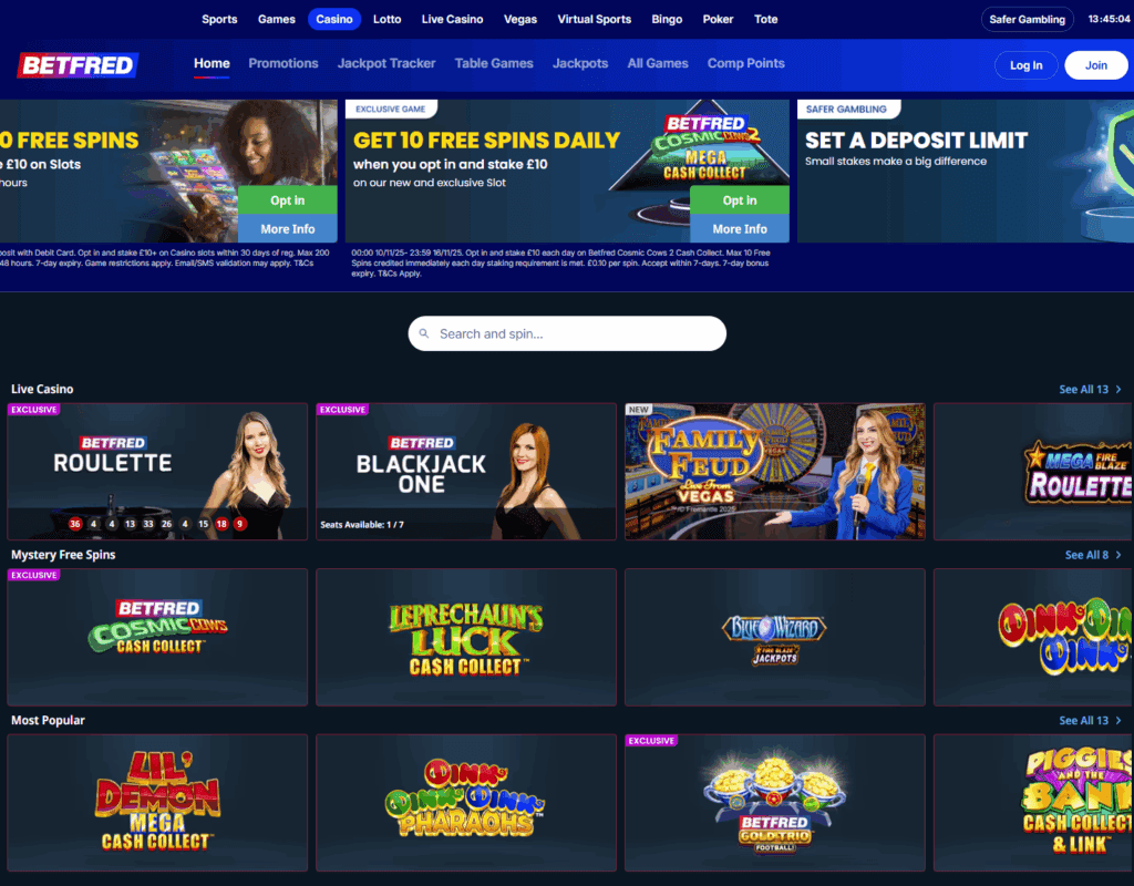 Betfred casino lobby with popular slot and table game categories displayed.