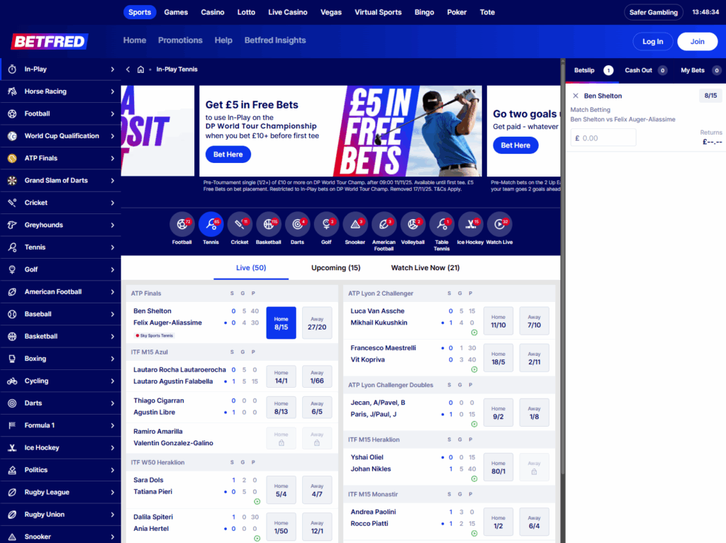 Betfred live in-play betting screen showing football match odds and real-time stats.