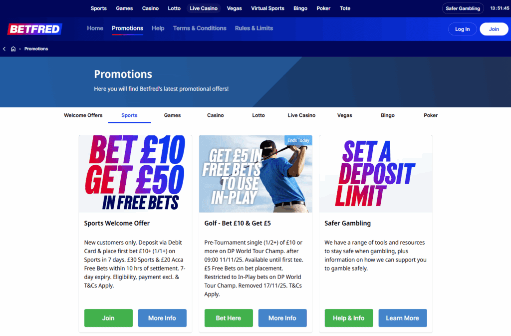 Betfred promotions page highlighting the Bet £10 Get £30 in Free Bets welcome offer and ongoing sports bonuses.