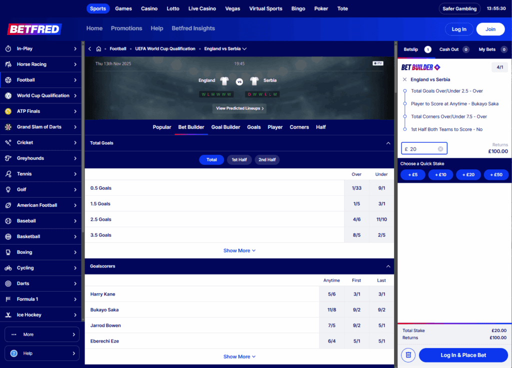 Betfred Bet Builder feature used to combine multiple football selections into one customised bet.