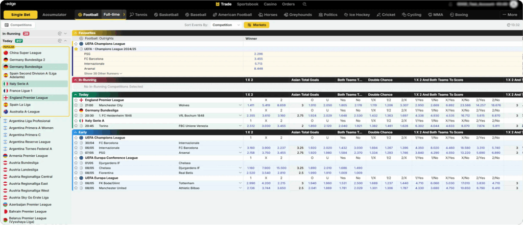 Edge platform interface displaying aggregated odds and limits from multiple Asian bookmakers.