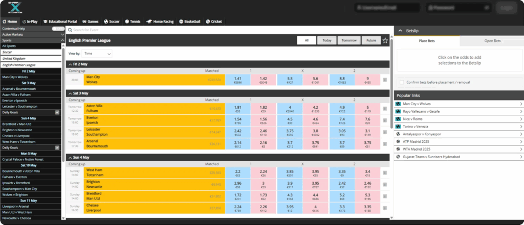 Sharp Exchange interface with back and lay prices and high-liquidity in-play markets.