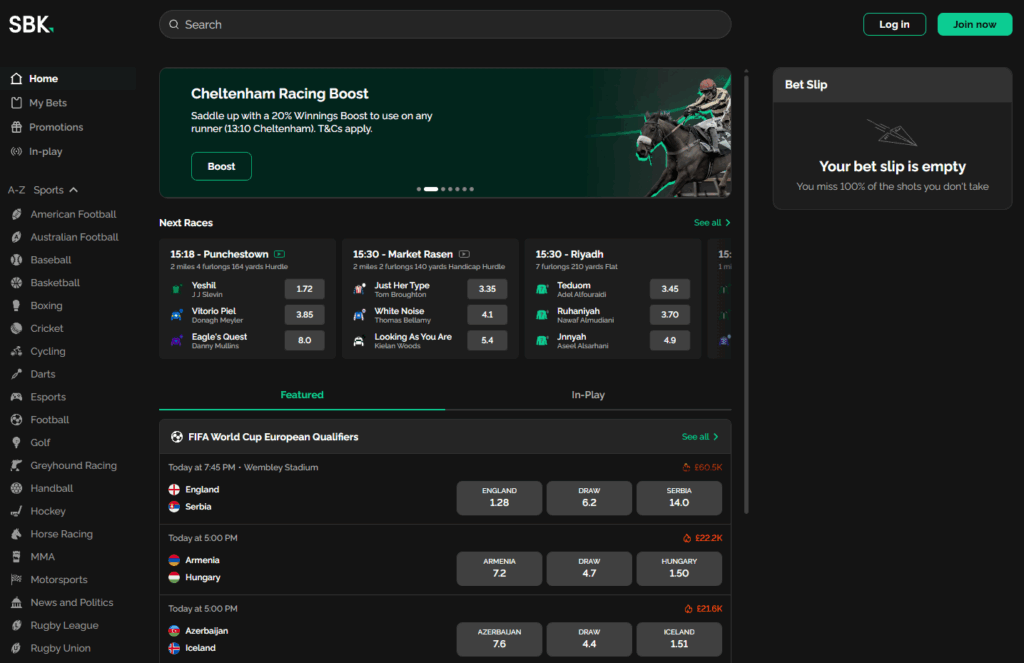 SBK homepage showing sports navigation, live events, and featured betting markets.