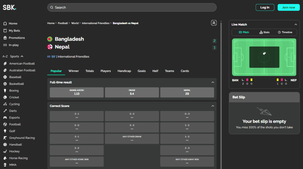 SBK live in-play betting screen showing football match odds and real-time stats.