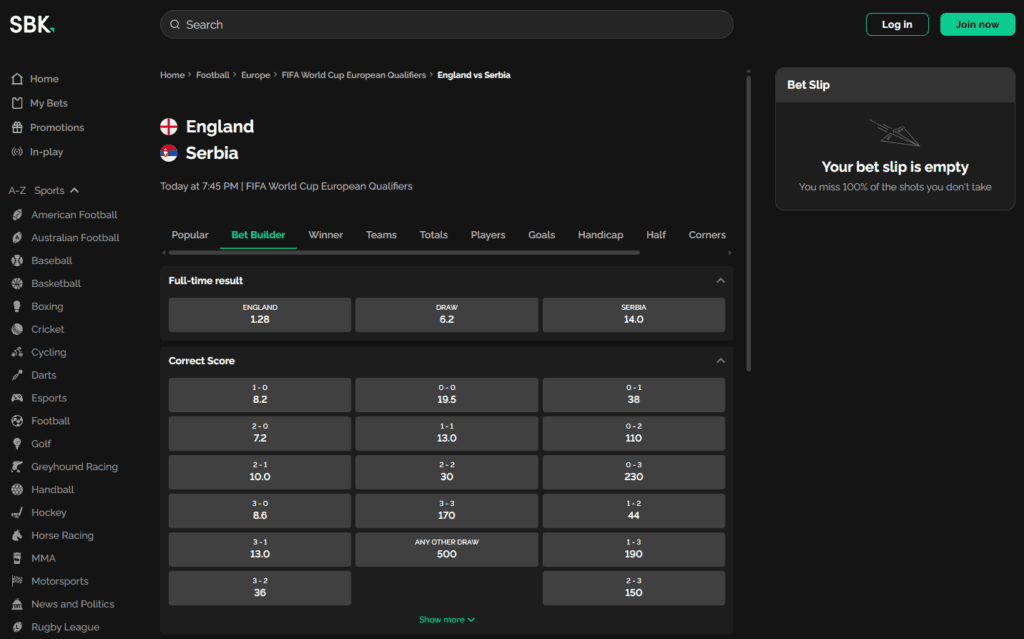 SBK Bet Builder feature used to combine multiple football selections into one customised bet.