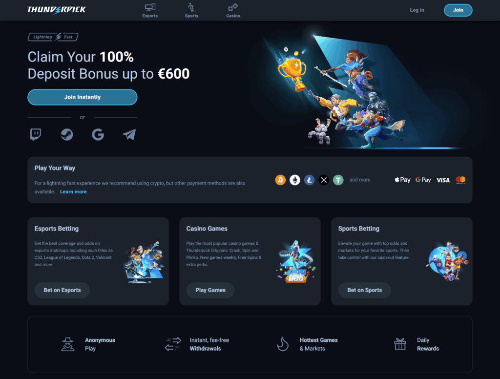 Thunderpick homepage – crypto sportsbook and casino platform
