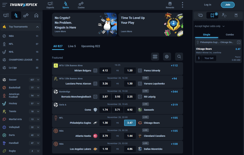 Thunderpick sportsbook – live and pre-match betting markets