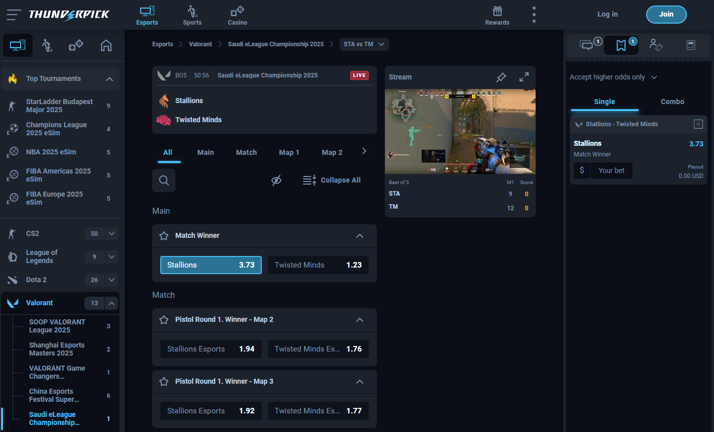 Thunderpick live betting – in-play odds and match tracker