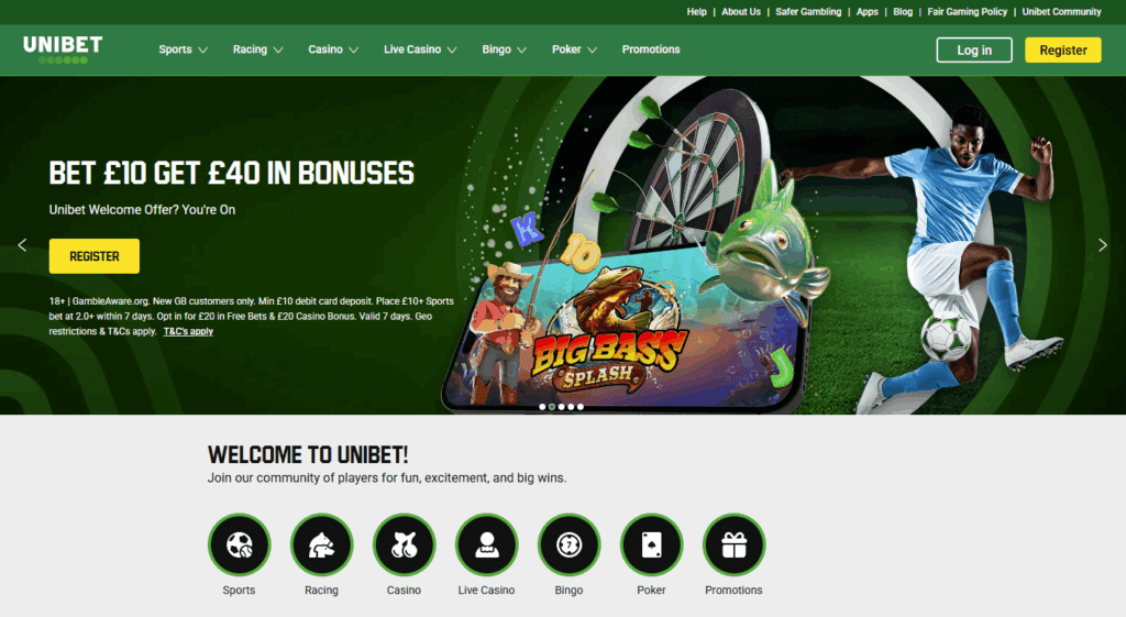 Unibet homepage showing sports navigation, live events, and featured betting markets.