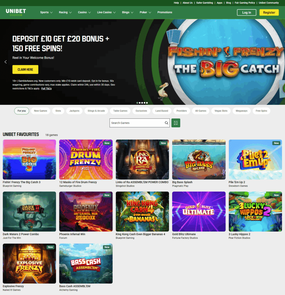Unibet casino lobby with popular slot and table game categories displayed.