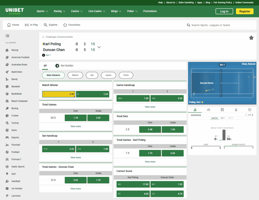 Unibet live in-play betting screen showing football match odds and real-time stats.