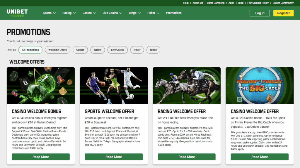 Unibet promotions page highlighting the Bet £10 Get £30 in Free Bets welcome offer and ongoing sports bonuses.