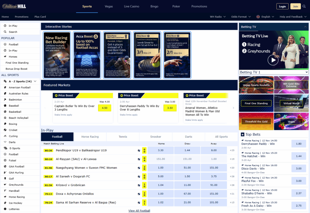 William Hill homepage showing sports navigation, live events, and featured betting markets.