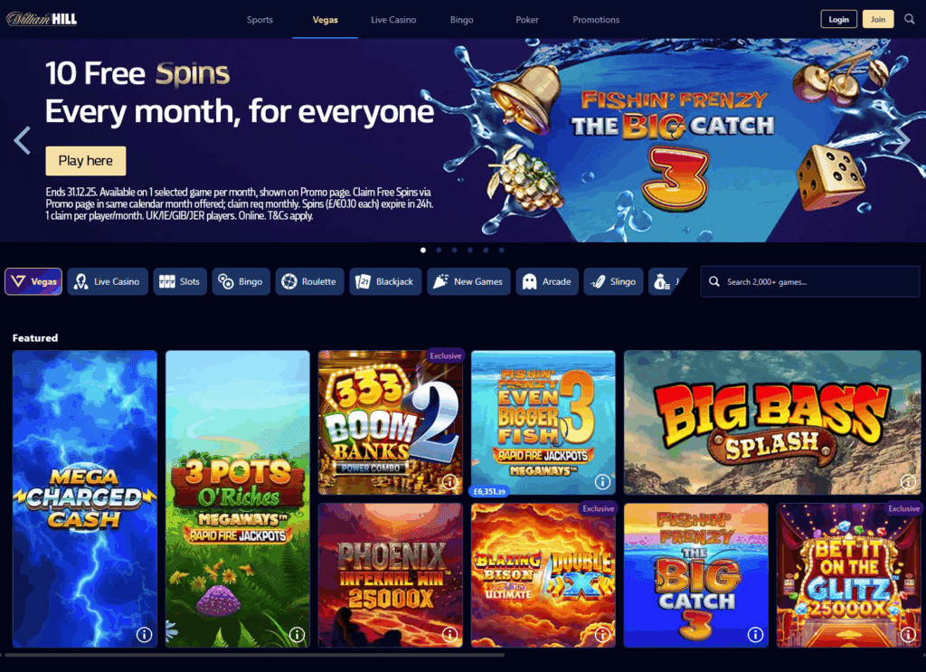 William Hill casino lobby with popular slot and table game categories displayed.