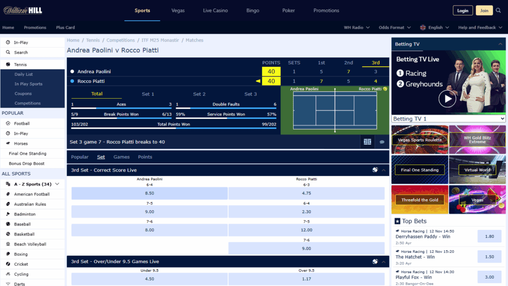 William Hill live in-play betting screen showing football match odds and real-time stats.