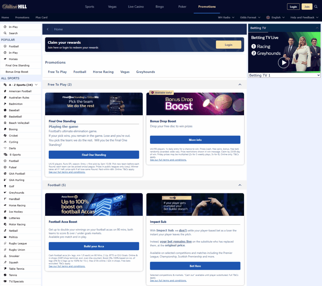 William Hill promotions page highlighting the Bet £10 Get £30 in Free Bets welcome offer and ongoing sports bonuses.