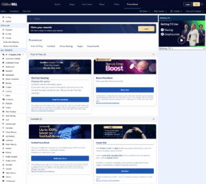 William Hill promotions page highlighting the Bet £10 Get £30 in Free Bets welcome offer and ongoing sports bonuses.