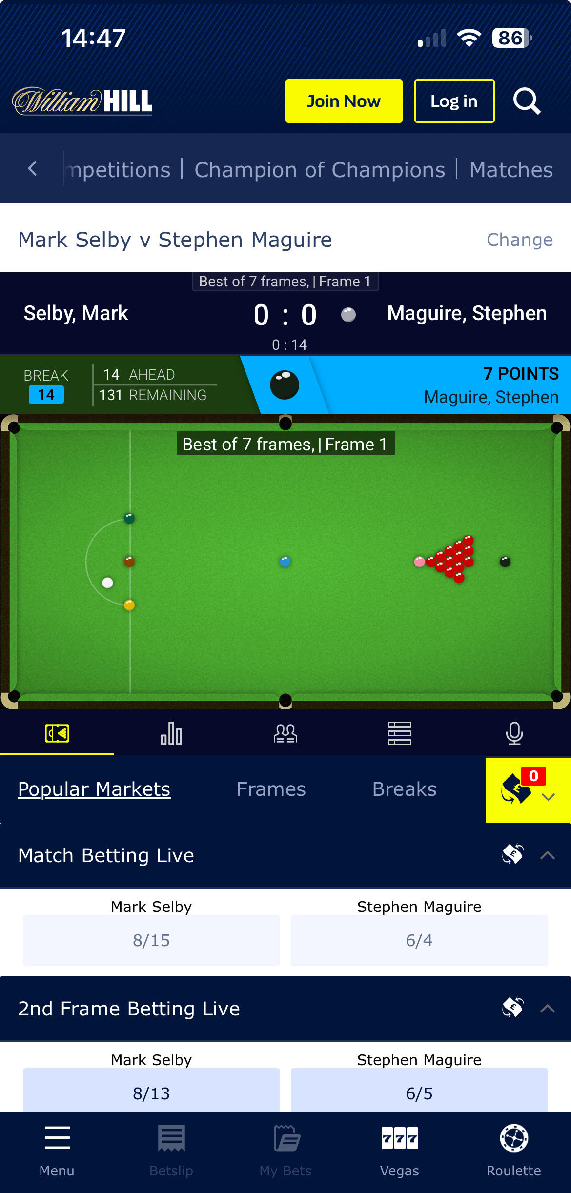 William Hill mobile app betting market view showing live football odds and user-friendly navigation.