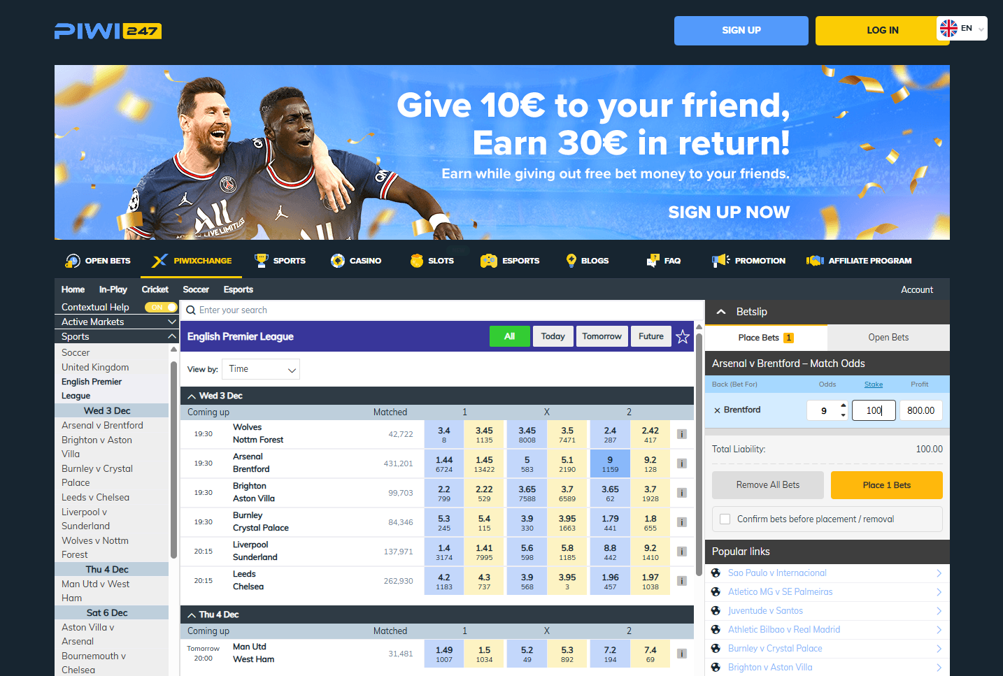 PIWI247 sharp sportsbook interface displaying Asian handicap football markets and odds