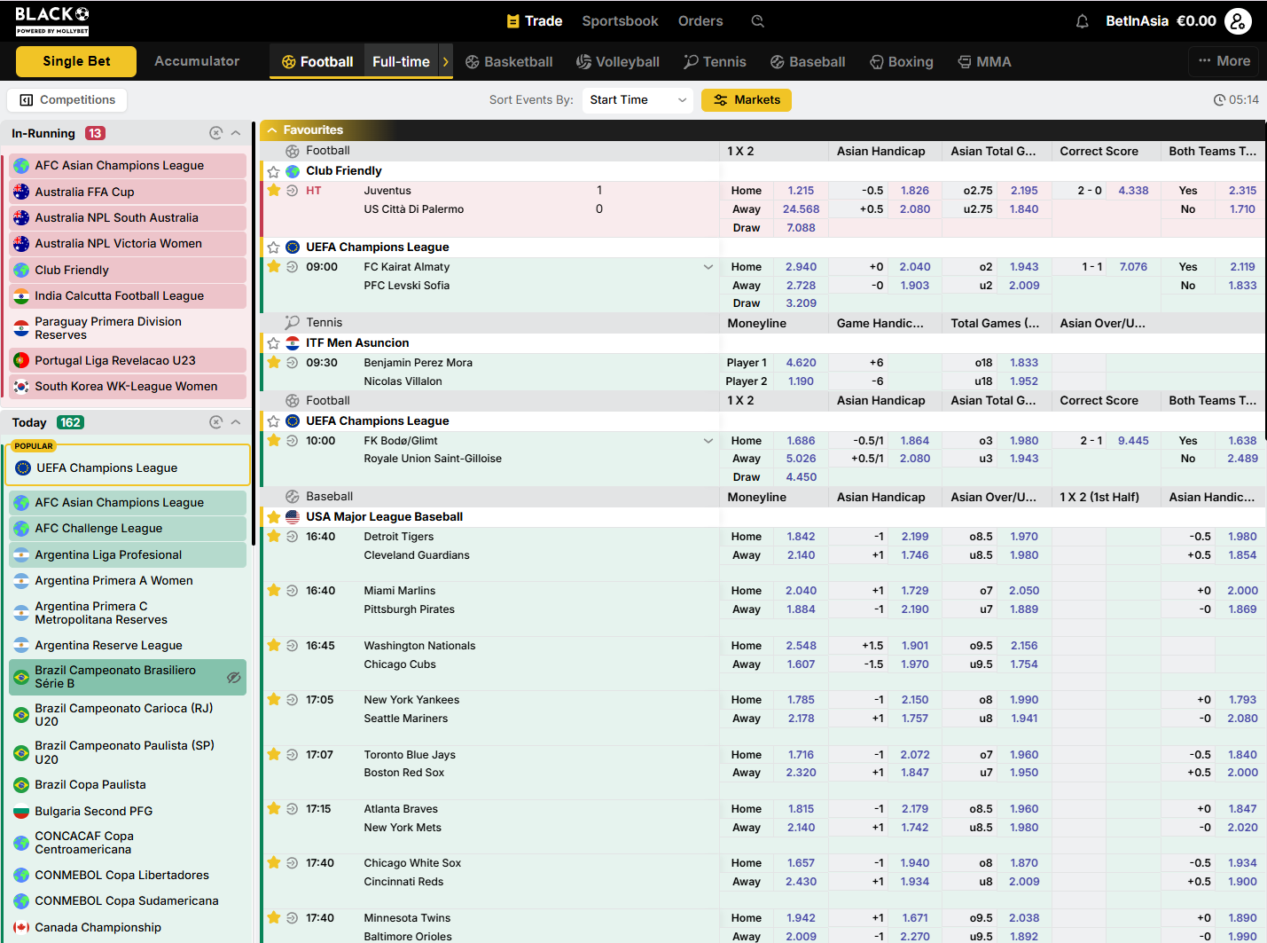 Singbet (via BetInAsia Black) sportsbook interface