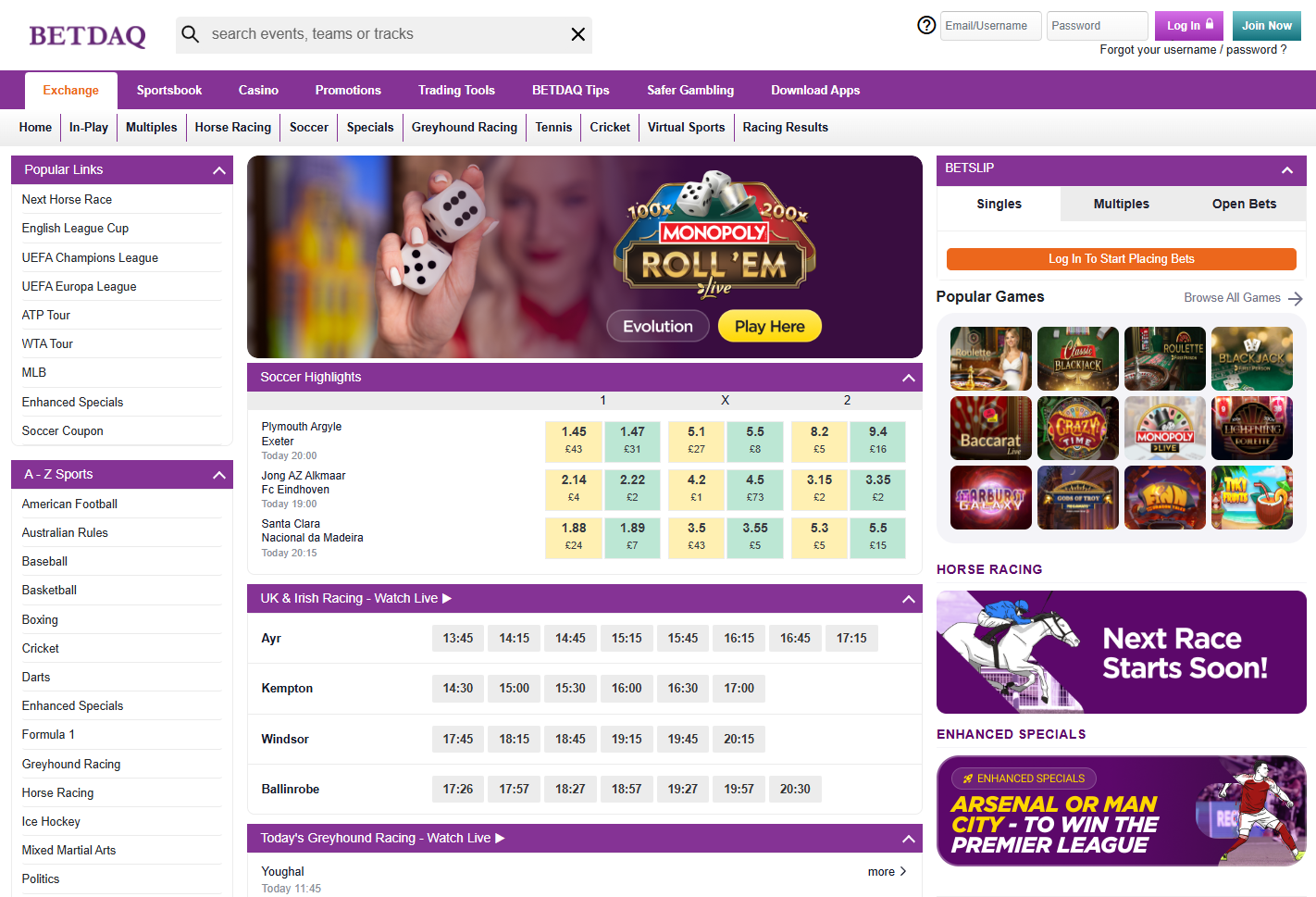 Betdaq betting exchange interface showing sports markets and exchange prices.